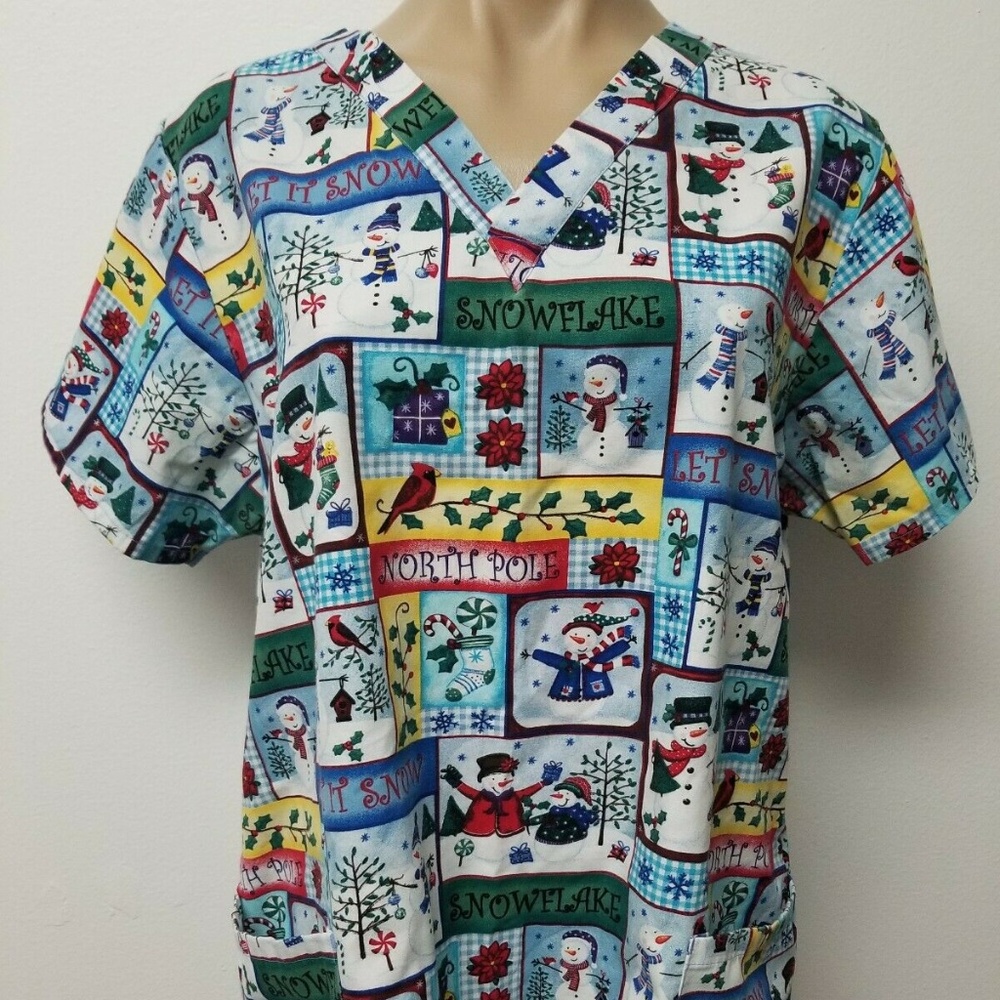 Snowman Christmas Holiday Scrub Top Size M